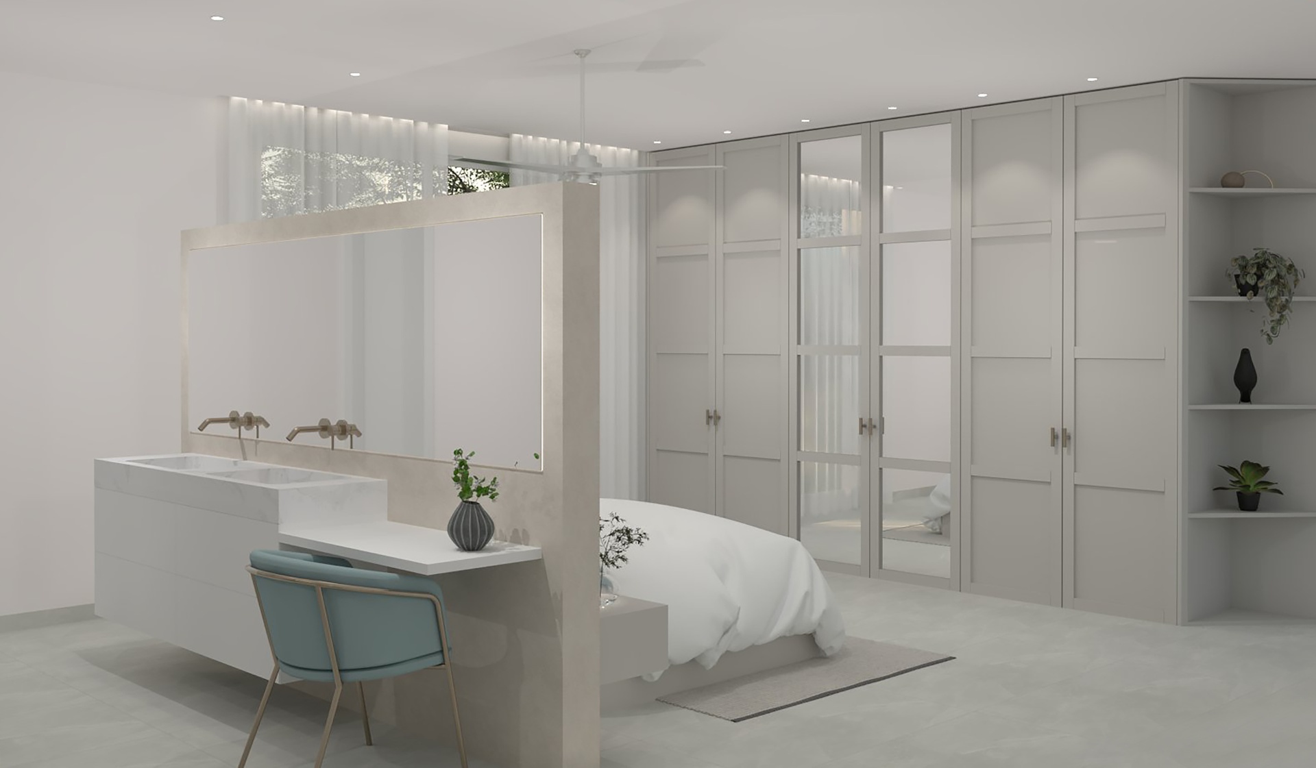 Dormitorio con vestidor de puertas acristaladas y zona de tocador con silla verde